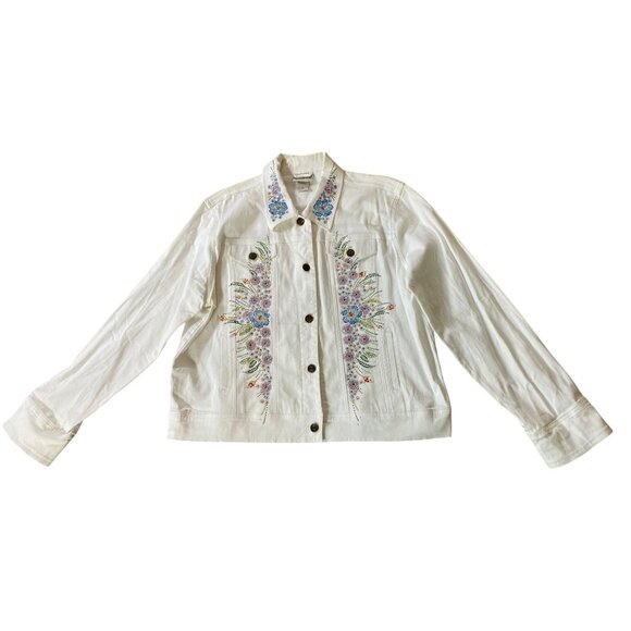 Las Olas White Denim Jacket Large Floral Rhinestone Embellished - Picture 1 of 11